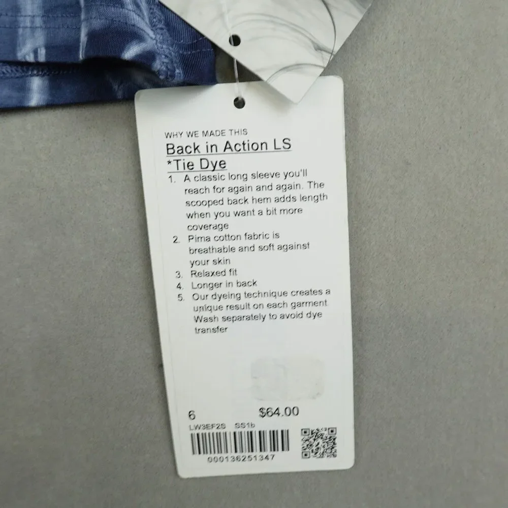 NWT Lululemon Back In Action Shirt Long Sleeve Tie Dye Womens Size 6